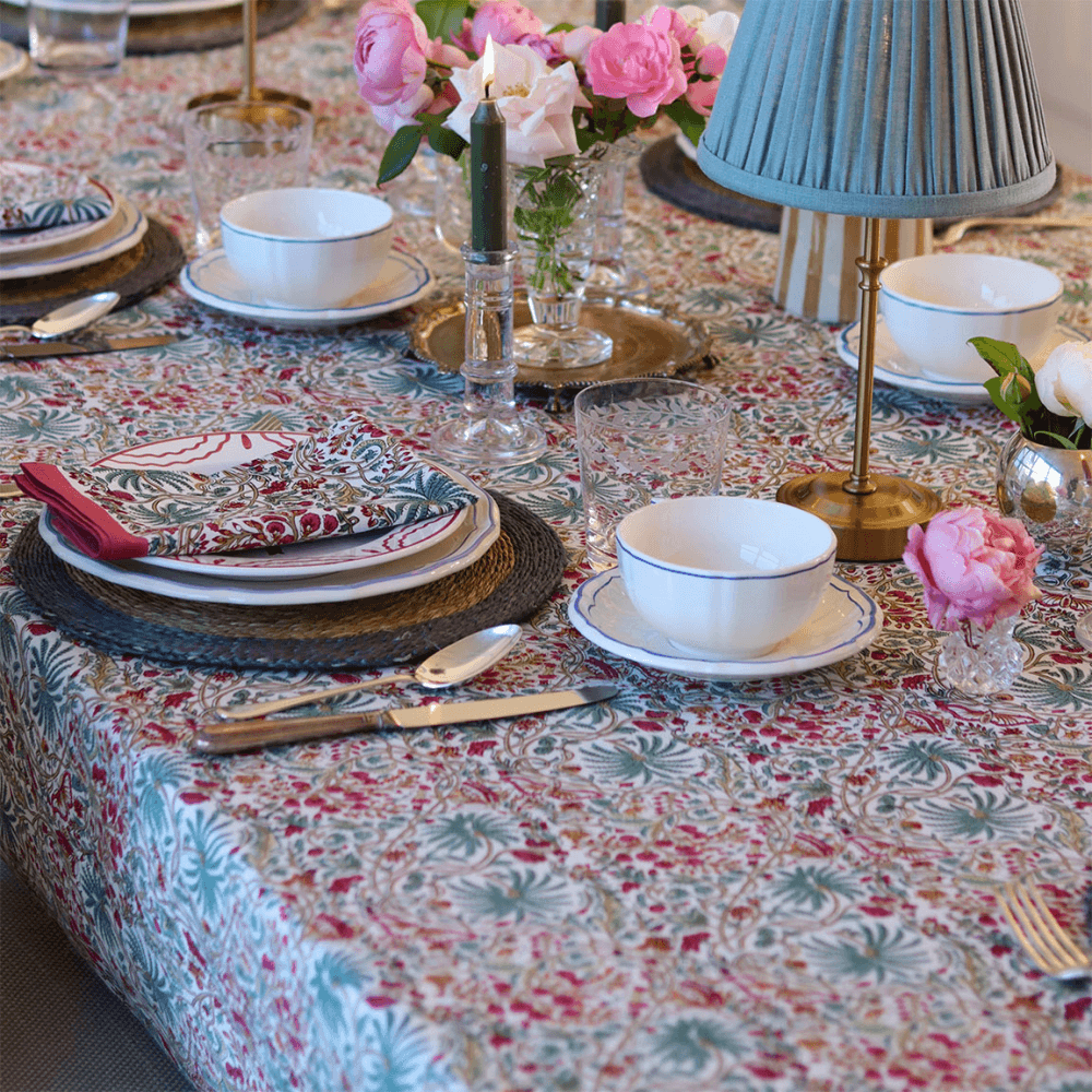 Indian Garden Tablecloth, Teal and Pink