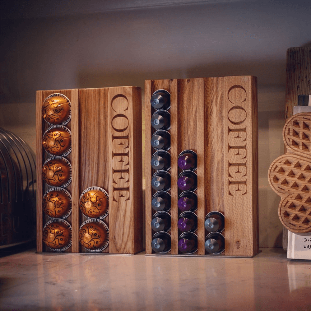 Engraved Coffee' Pod Rack, Oak