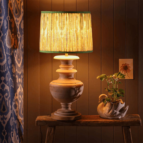 Image showing the Tapered Drum Gathered Shade, Green & Blue Linen product.