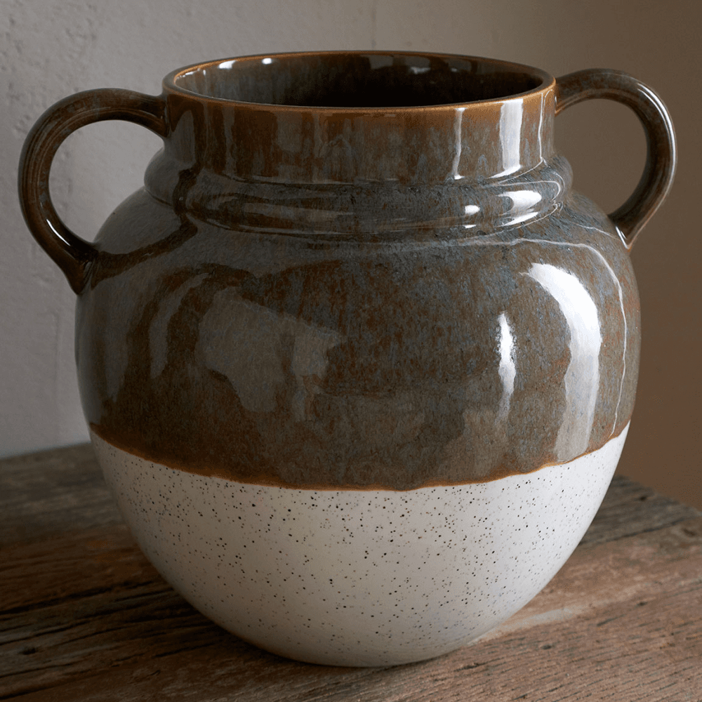 Inha Reactive Glaze Vase, Dark Olive & Natural