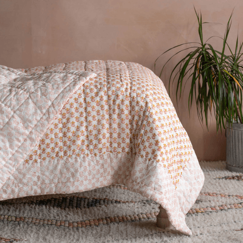Image showing the Flower Hand-Printed Quilt, Natural product.