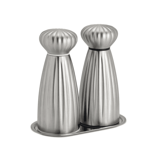 Image showing the Palm Satin Salt & Pepper Mill & Tray Set, Stainless Steel product.