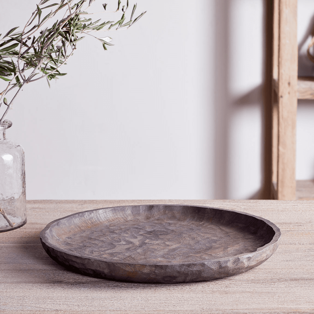 Nyati Mango Wood Etched Round Tray, Dark