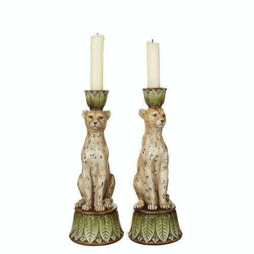 Image showing the Lakadema Pair of Candleholders, H25 cm, Cream Painted Resin product.