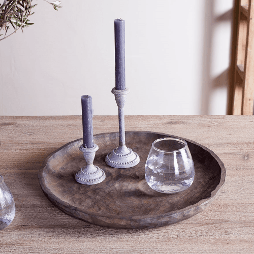 Image showing the Nyati Mango Wood Etched Round Tray, Dark product.