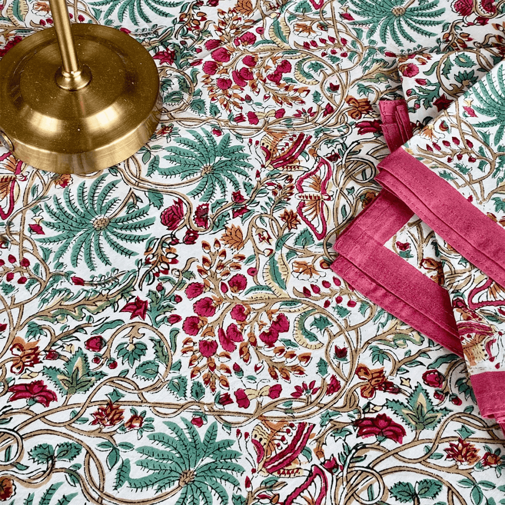 Indian Garden Tablecloth, Teal and Pink